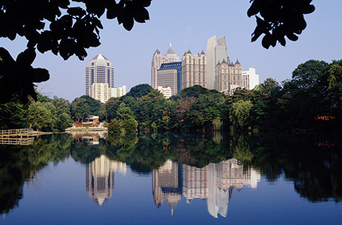 Piedmont pond and the Atlanta skyline