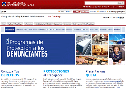 OSHA.gov web page: Whistleblowers program in Spanish