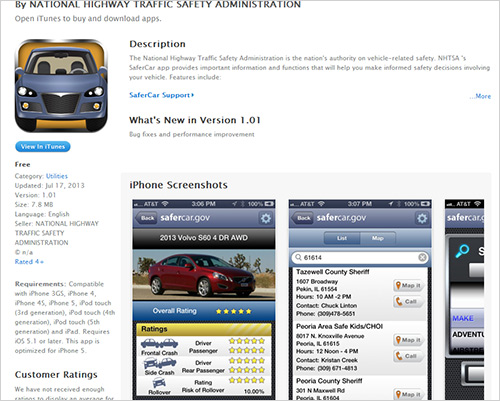 NHSTA safer car app -- iTunes screen