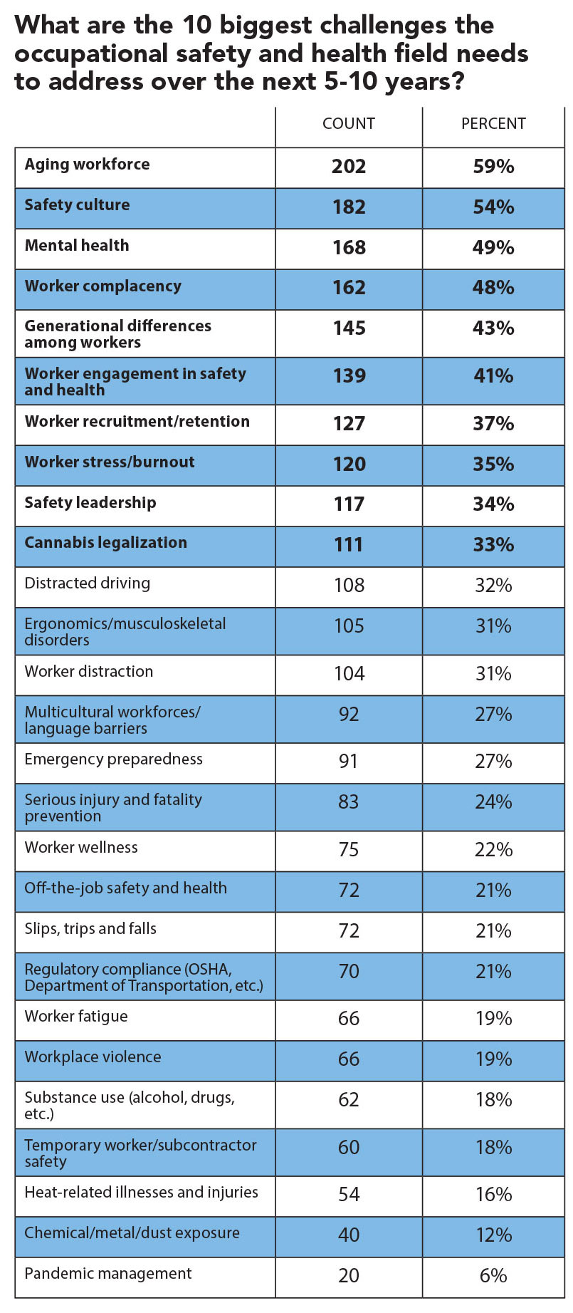What are the 10 biggest challenges the occupational safety and health field needs to address over the next 5-10 years?