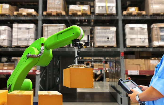 Lime green robot arm with box