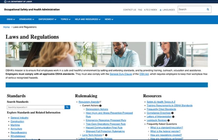 Screenshot of OSHA's Standards webpage