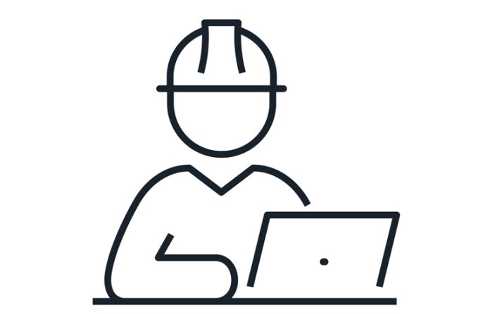 Outline of worker with hard hat sitting at computer