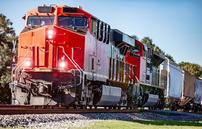 Red freight train in Georgia