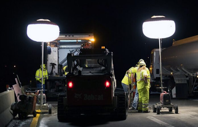 Night construction work with lighting